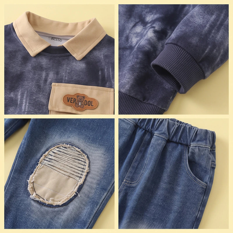 Boys Navy Blue Abstract Print Sweatshirt With Denim Pants Sets Sets