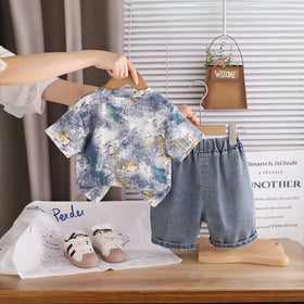 Boys Grey Abstract Printed Short Sleeve T-Shirt with Distressed Denim Shorts Sets 2 pc. Sets