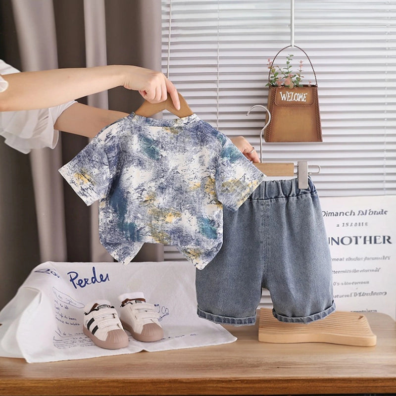 Boys Grey Abstract Printed Short Sleeve T-Shirt with Distressed Denim Shorts Sets 2 pc. Sets