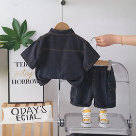 Boys Black Washed Denim Shirt With Shorts Sets Sets