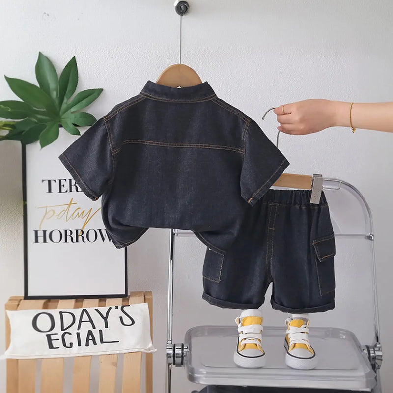 Boys Black Washed Denim Shirt With Shorts Sets Sets