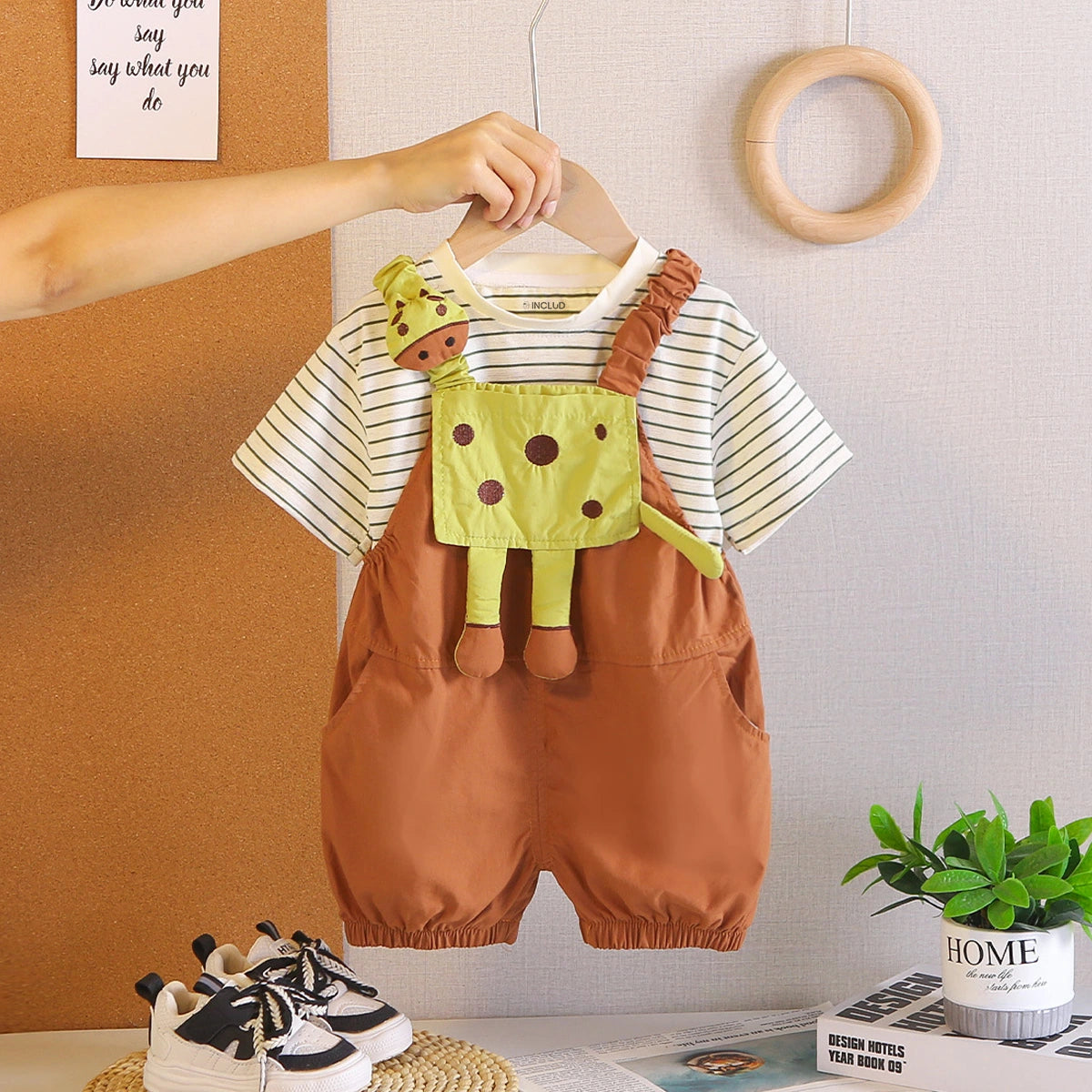 Boys Short Sleeve T-Shirt With Brown Animal Applique Dungaree Sets 2 pc. Sets Brown 1-2 Y