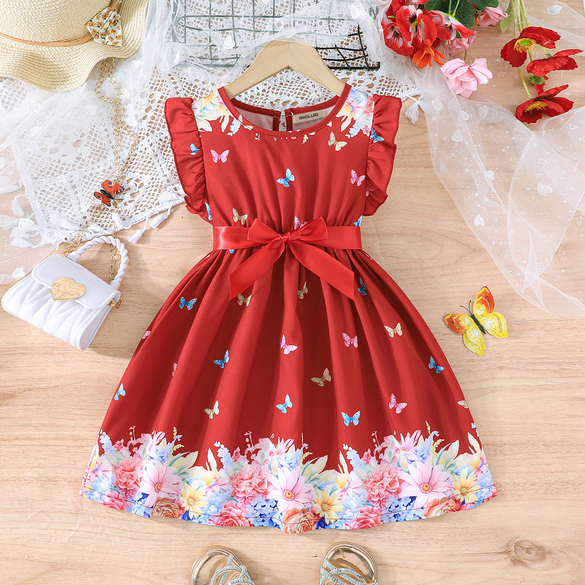 Girls Red Butterfly Printed Flutter Sleeves Dress Casual Dresses Red 3-4 Y