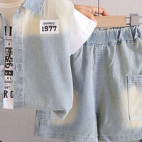 Boys Light Blue Denim Shirt with Short Sleeve T-Shirt And Denim Shorts Sets 3 pc. Sets