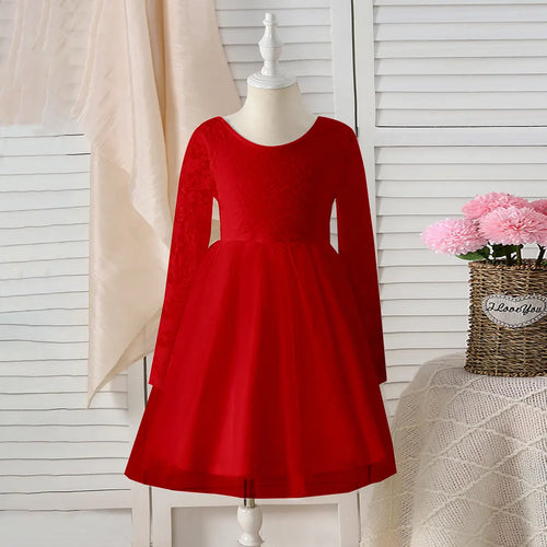 Girls Red Long Sleeves Fit & Flare Party Dress With Lace & Tulle Overlay Party Dresses Red 5-6 Y