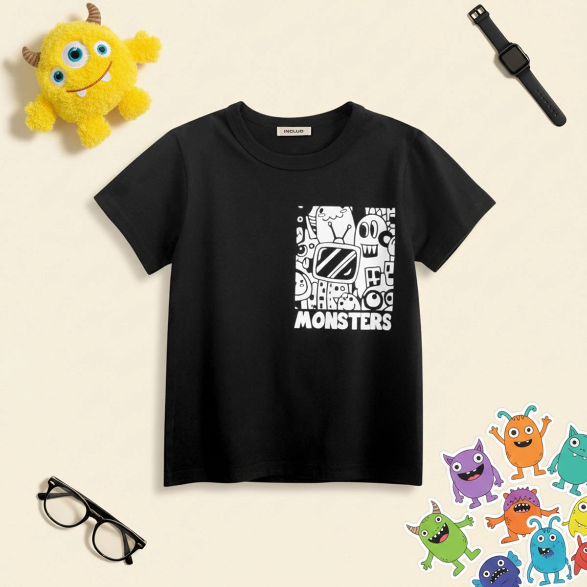 Boys Black Graphic Cartoon Printed Short Sleeves T-Shirt Tshirts Black 1-2 Y