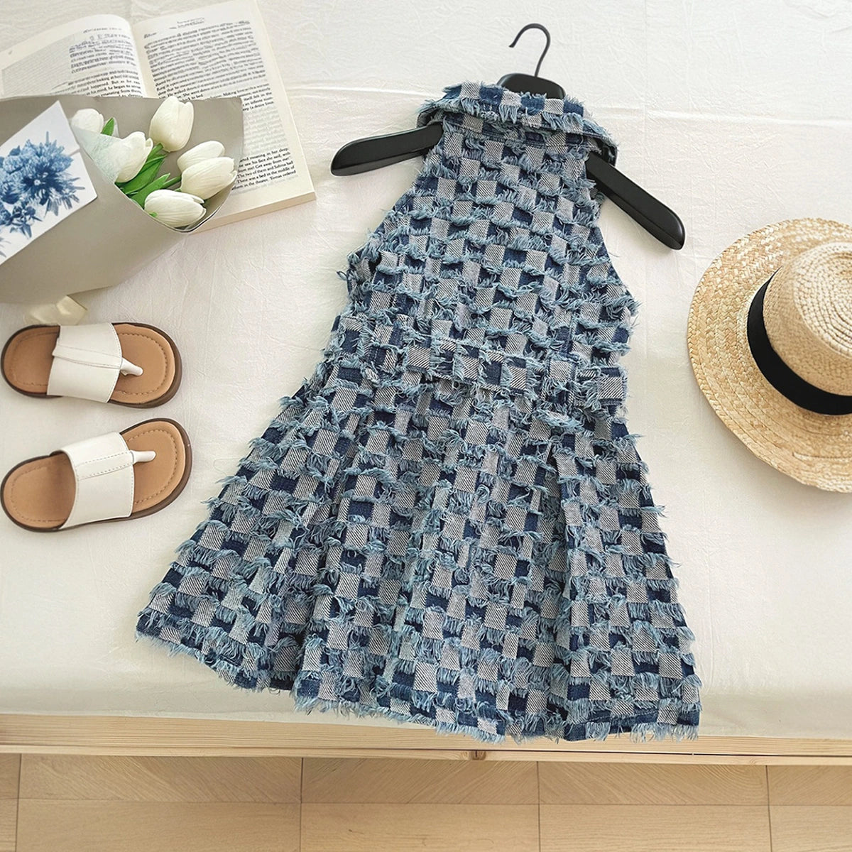 Girls Blue Checked Distressed Sleeveless A-Line Dress Casual Dresses