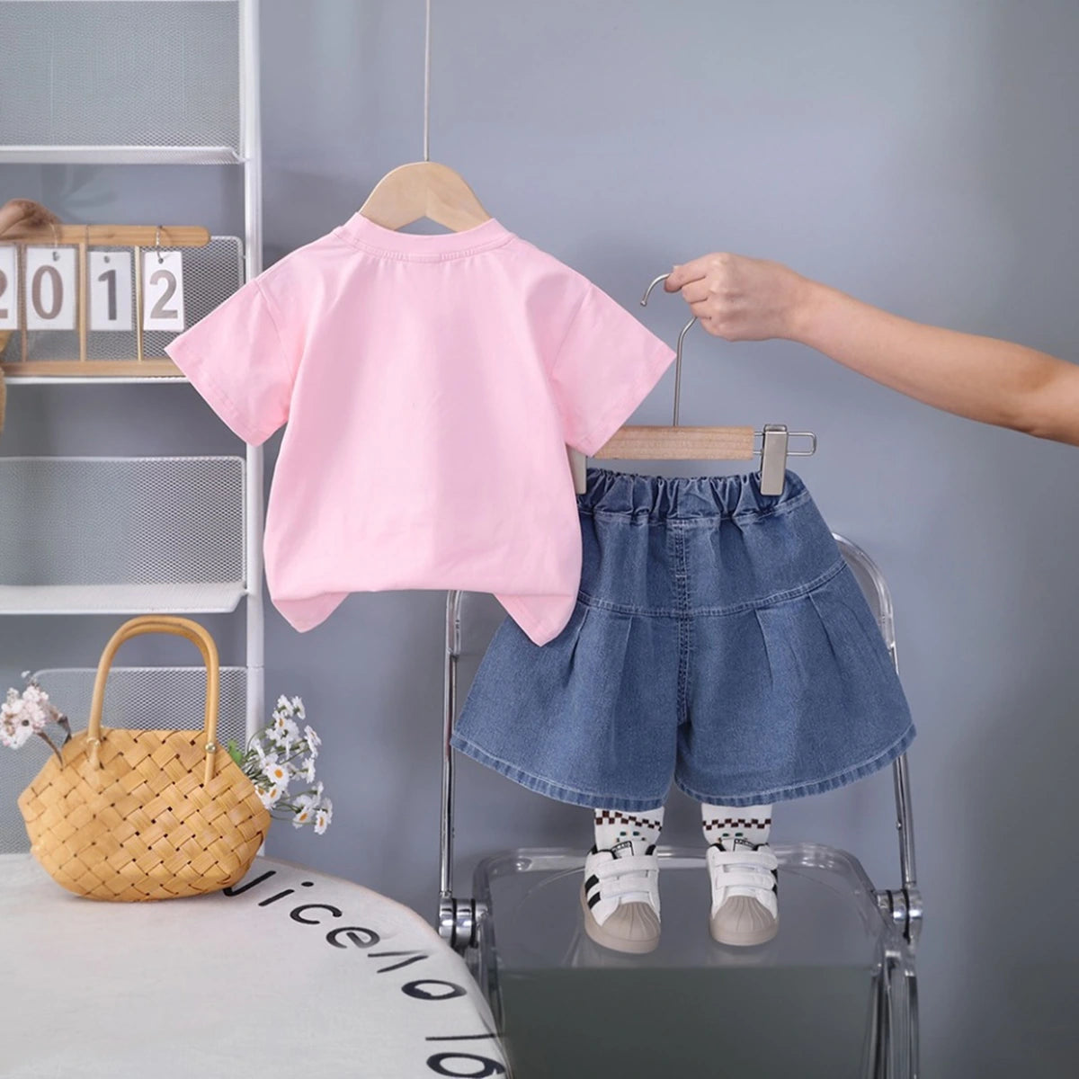 Girls Light Pink Butterfly Printed Half Sleeve T-Shirt With Denim Skirt Sets 2 pc. Sets