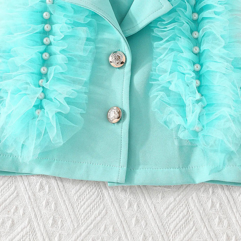 Girls Turquoise Blue Embellished Ruffled Blazer Vest With Pleated Skirt & Camisole Top Sets Sets