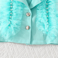 Girls Turquoise Blue Embellished Ruffled Blazer Vest With Pleated Skirt & Camisole Top Sets Sets