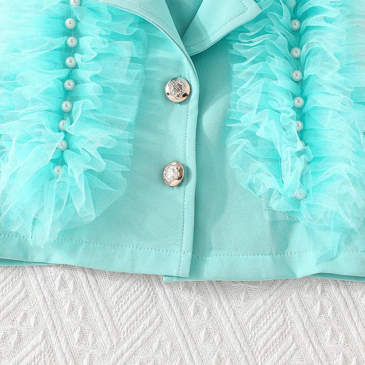 Girls Turquoise Blue Embellished Ruffled Blazer Vest With Pleated Skirt & Camisole Top Sets Sets