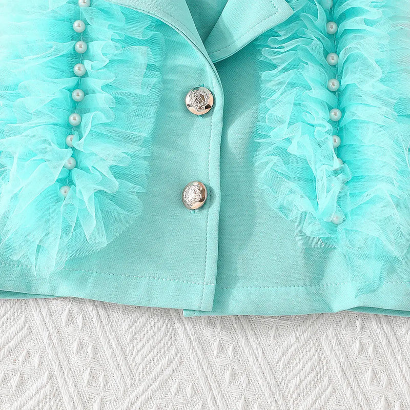 Girls Turquoise Blue Embellished Ruffled Blazer Vest With Pleated Skirt & Camisole Top Sets Sets