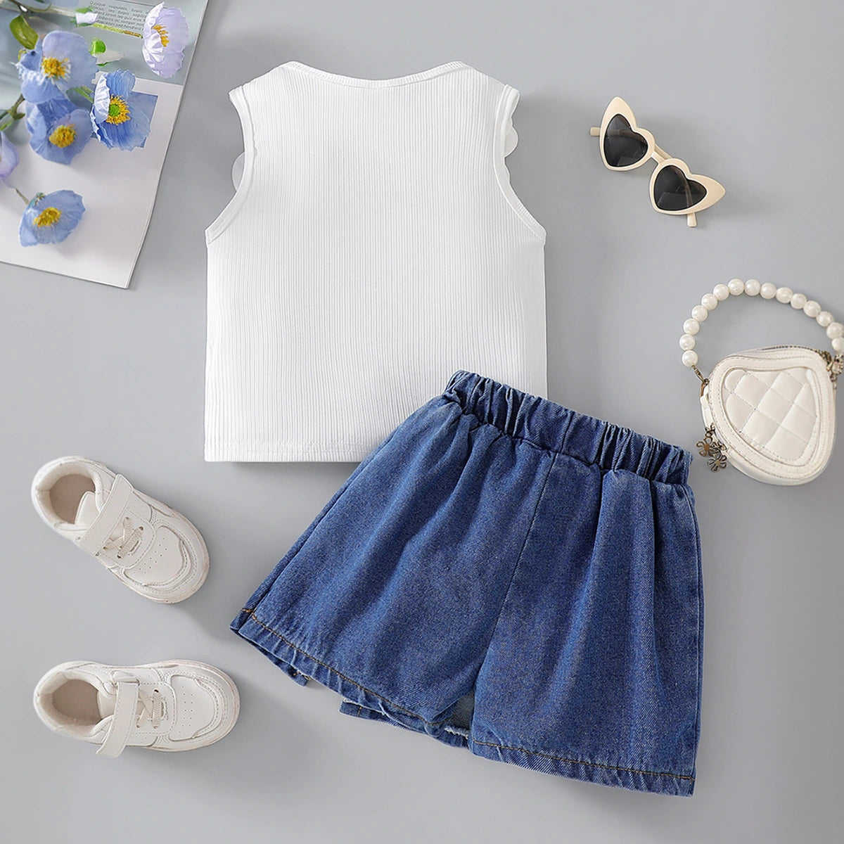 Girls White Floral Applique Sleeveless Top With Denim Skirt Sets 2 pc. Sets