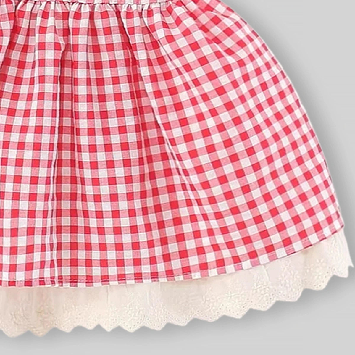 Girls Red Checked Mushroom Embroidered Fit & Flare Dress Casual Dresses
