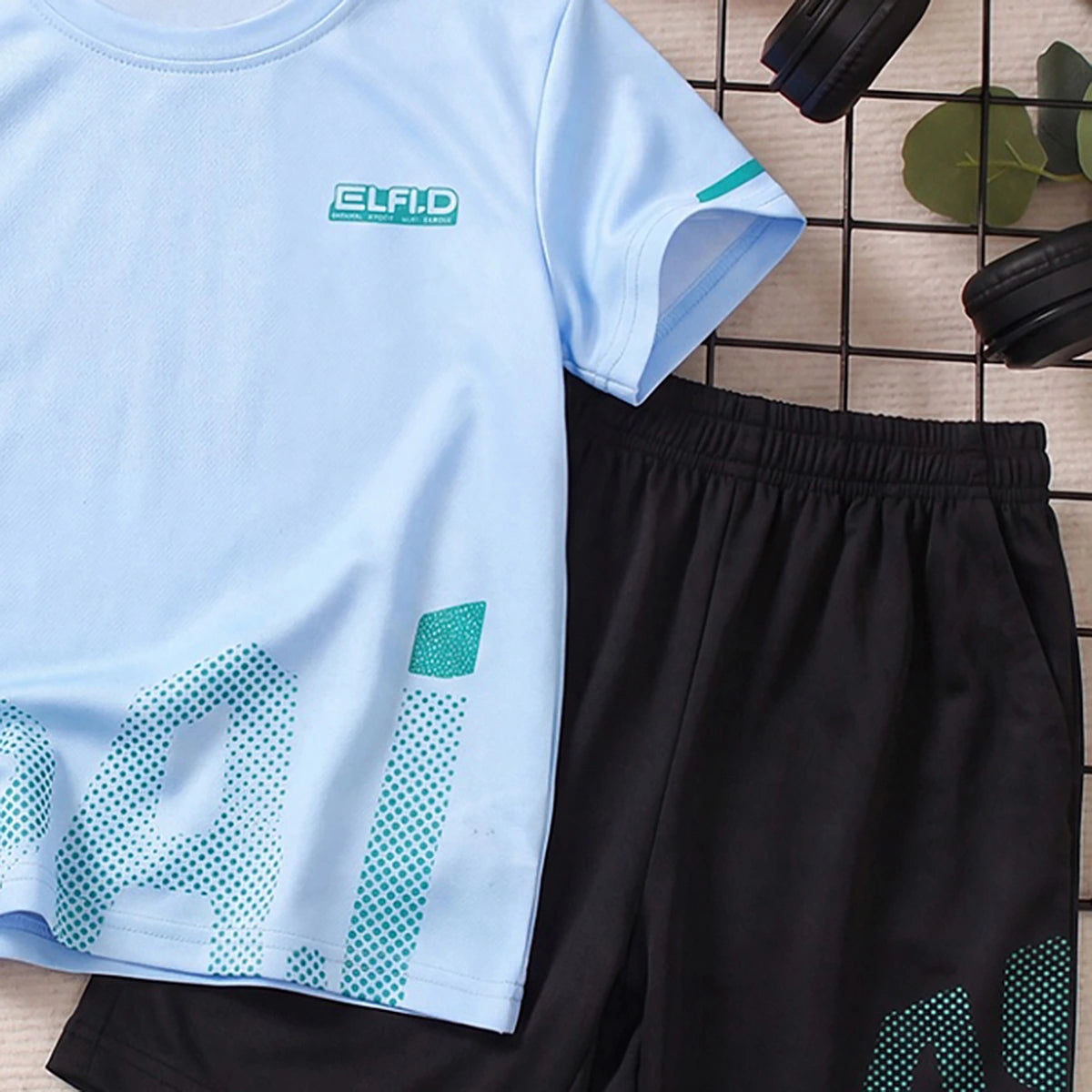 Boys Sky Blue Typography Print Short Sleeve T-Shirt With Shorts Sets 2 pc. Sets