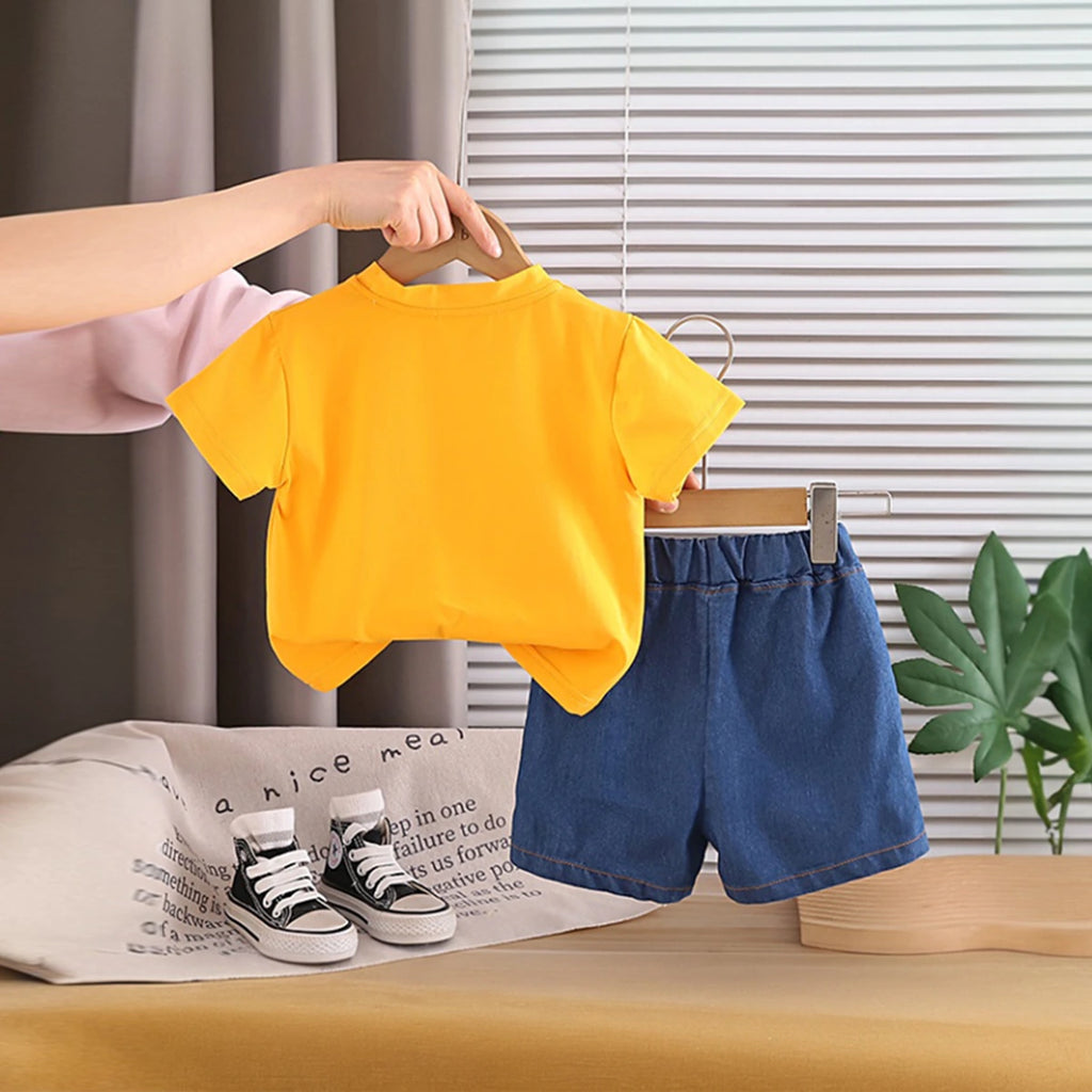 Boys Yellow Graphics T-Shirt With Denim Shorts Set Sets