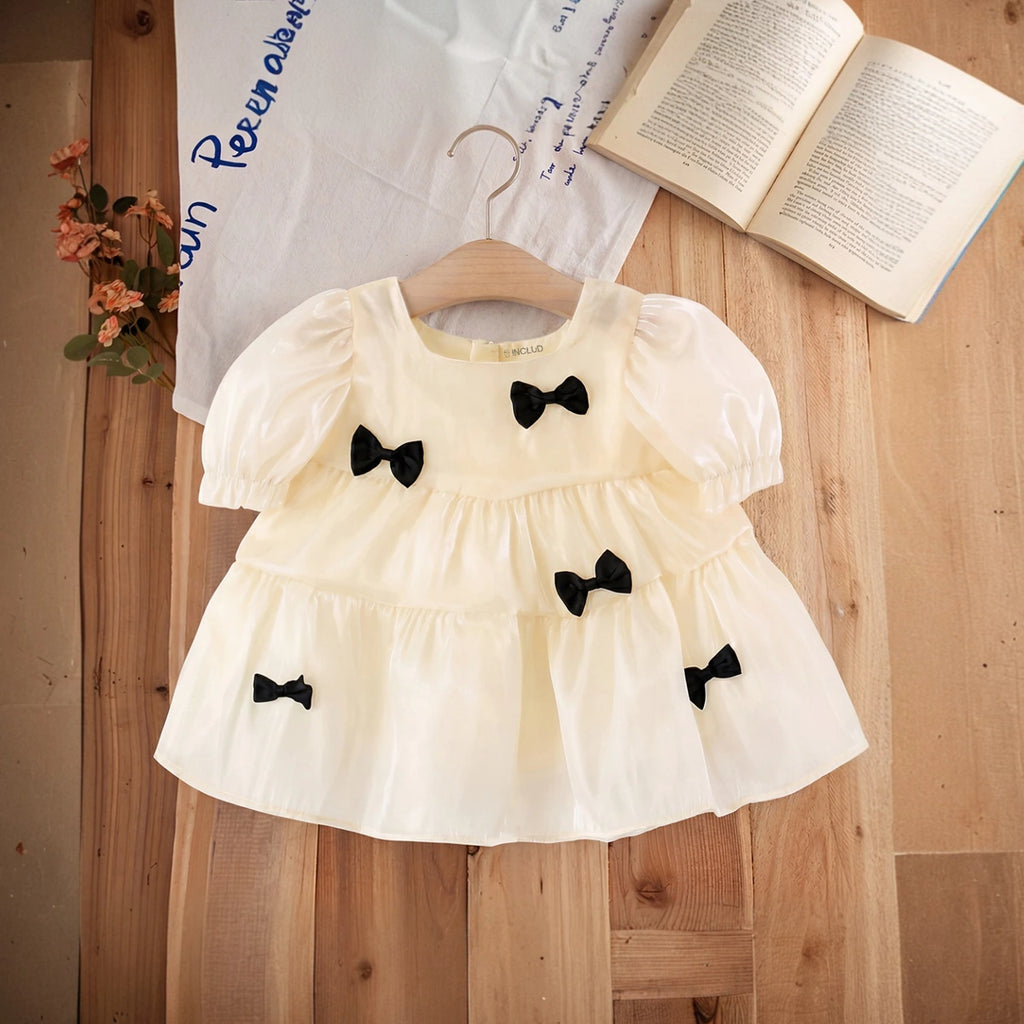 Girls Cream Bow Applique Puff Sleeve Tiered Dress Casual Dresses Cream 1-2 Y