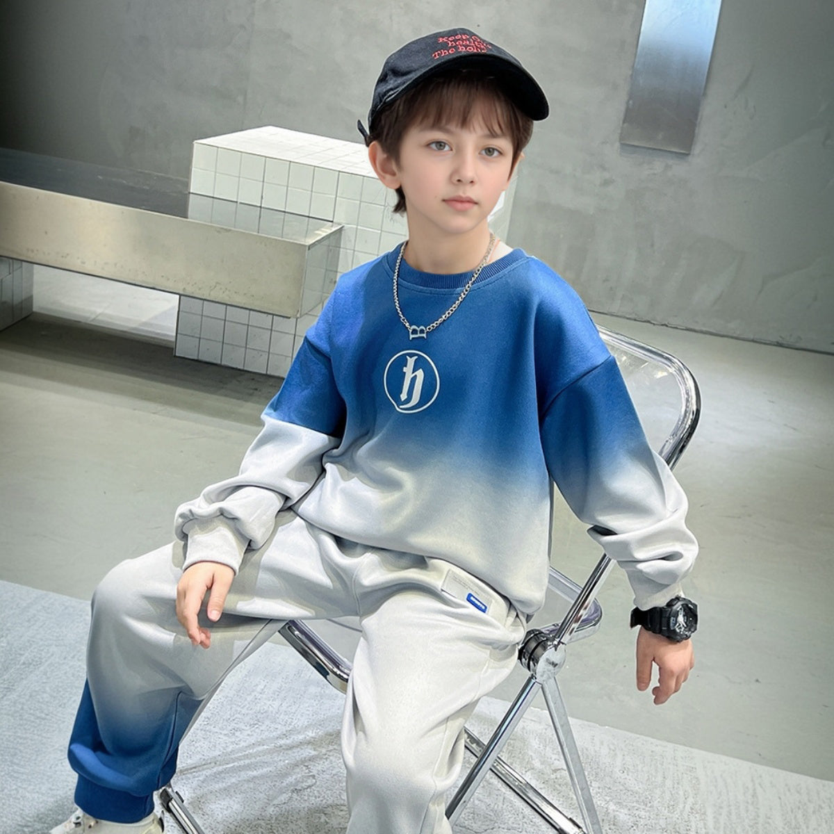 Boys Blue Ombre Printed Winter Sweatshirt With Jogger Set 2 pc. Sets