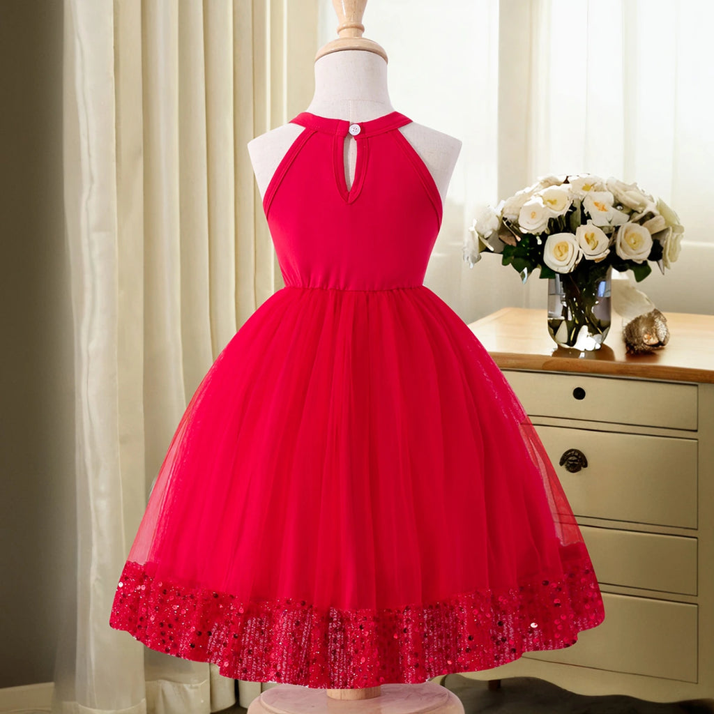 Girls Red Sequin Embellished Sleeveless Fit & Flare Dress Casual Dresses