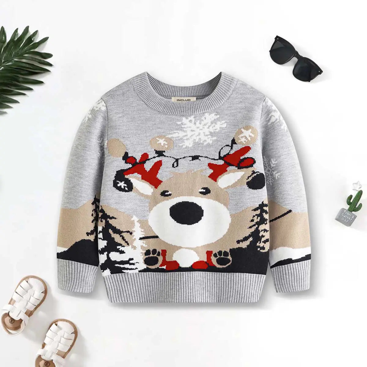 Boys Grey Sweater With Self-Design Reindeer Face Pattern Sweaters & Cardigans Grey 2-3 Y