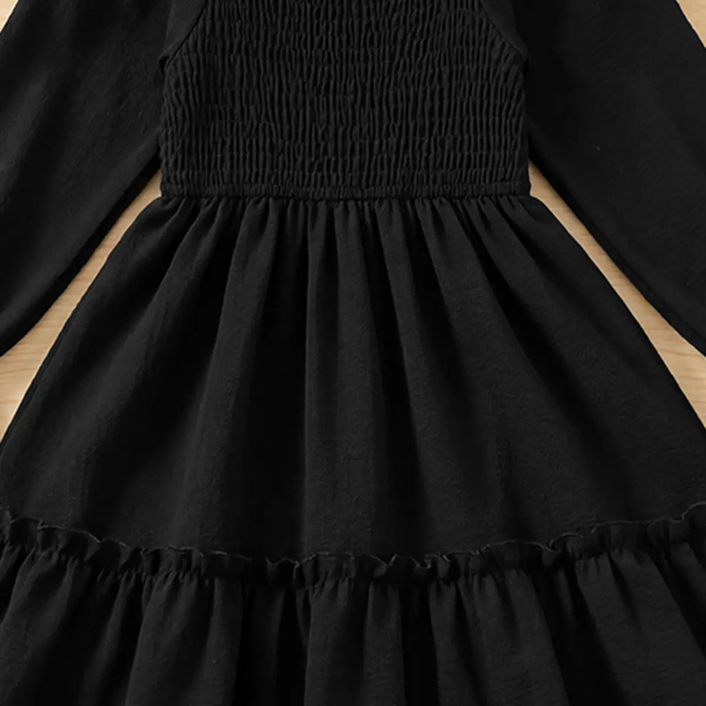 Girls Black Smocked Yoke Puff Sleeve High-Low Dress Casual Dresses