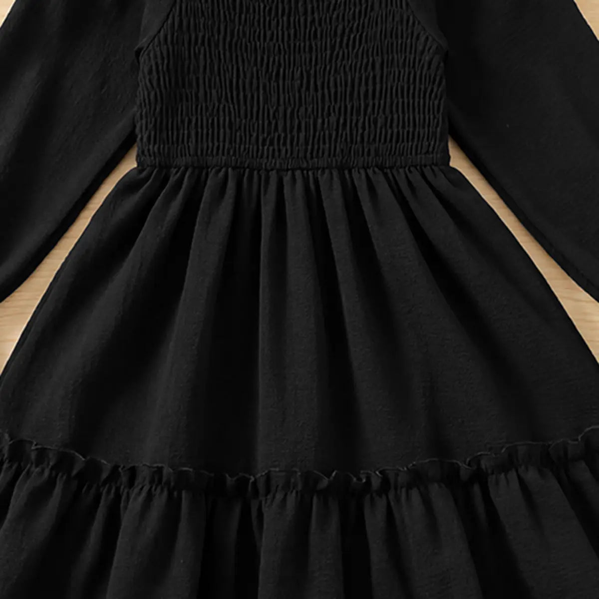 Girls Black Smocked Yoke Puff Sleeve High-Low Dress Casual Dresses