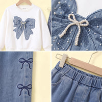 Girls White Bow Applique Long Sleeve Sweatshirt With Denim Pants Sets 2 pc. Sets