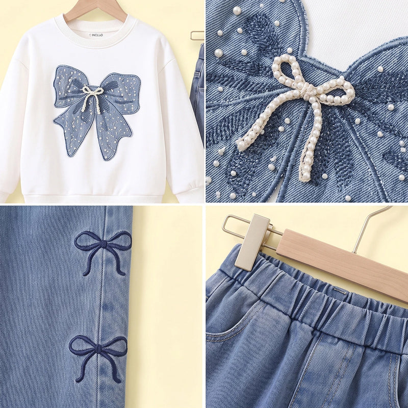 Girls White Bow Applique Long Sleeve Sweatshirt With Denim Pants Sets 2 pc. Sets