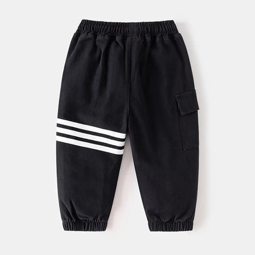 Boys Black Three Stripes Print Cargo Pants Pants