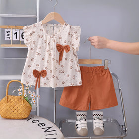 Girls Brown Floral Print Bow Applique Top With Shorts Set Sets Brown 1-2 Y