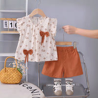 Girls Brown Floral Print Bow Applique Top With Shorts Set Sets Brown 1-2 Y