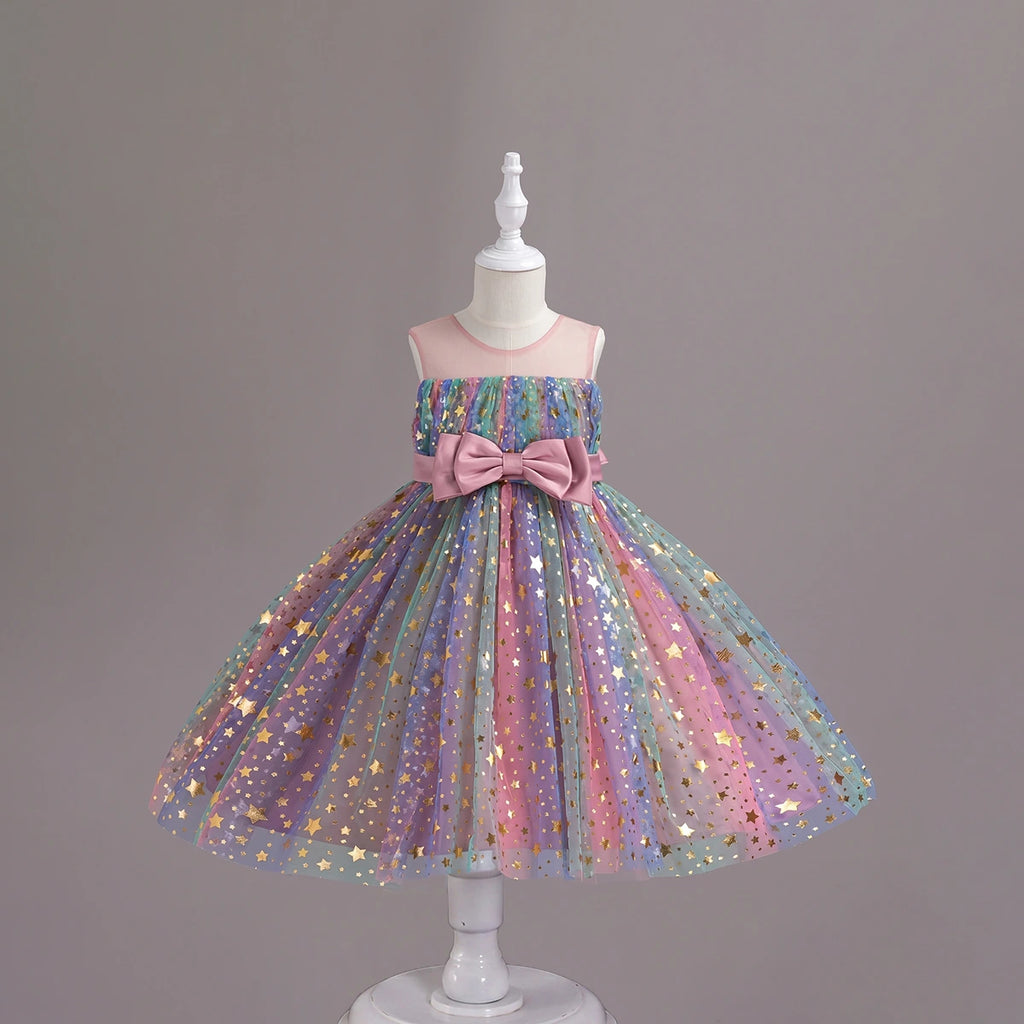 Girls Pink Star Foil Print Sleeveless Fit & Flare Party Wear Dress Party Dresses Pink 2-3 Y