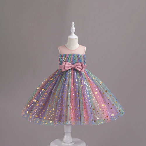 Girls Pink Star Foil Print Sleeveless Fit & Flare Party Wear Dress Party Dresses Pink 2-3 Y