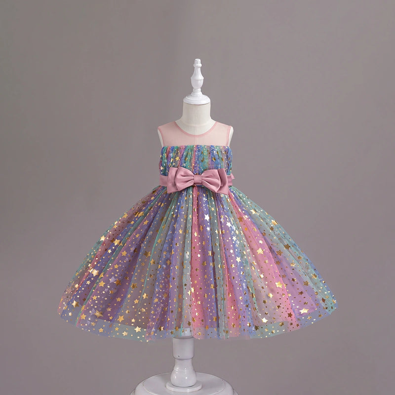 Girls Pink Star Foil Print Sleeveless Fit & Flare Party Wear Dress Party Dresses Pink 2-3 Y