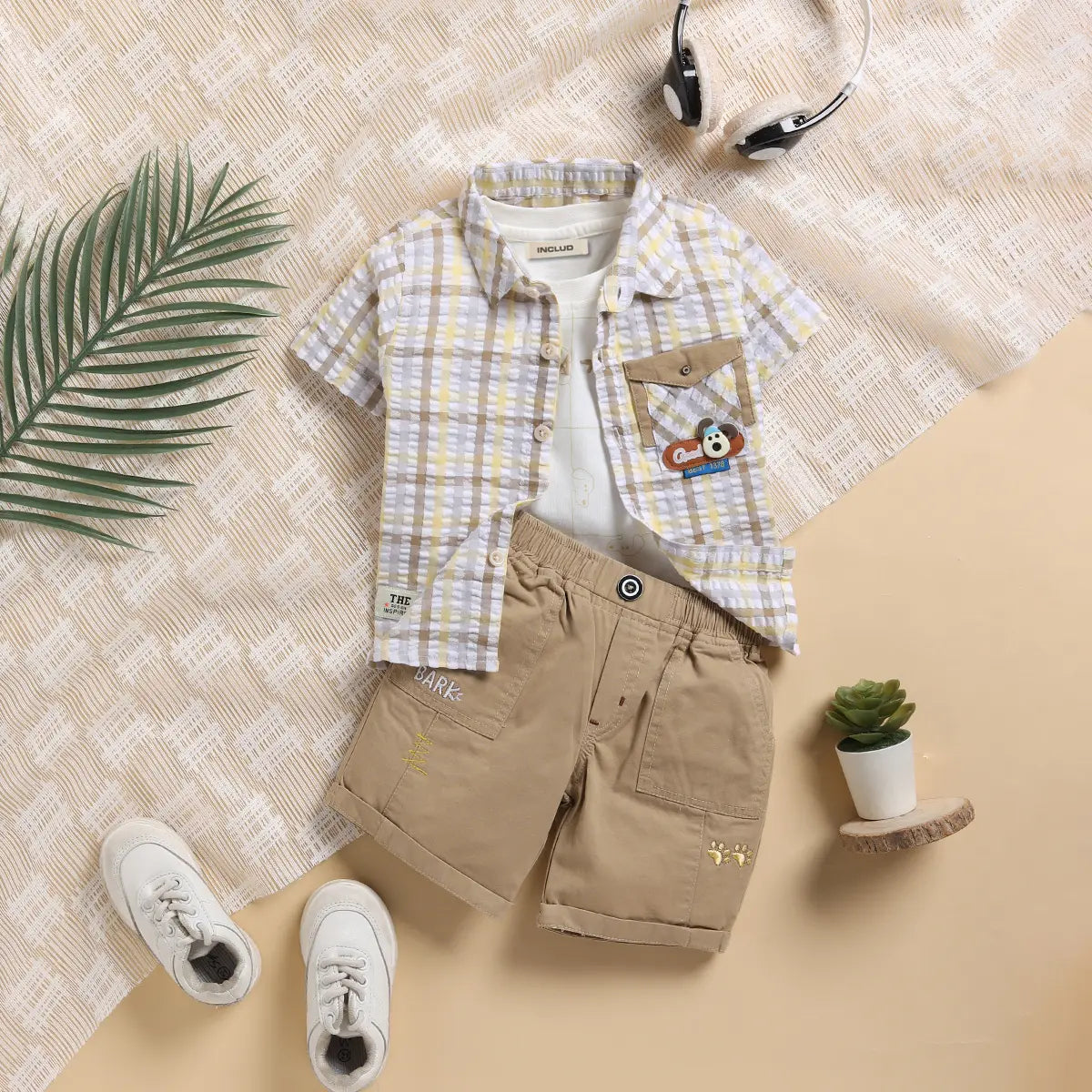 Boys Yellow Checked Applique Shirt With Elasticated Shorts Sets 2 pc. Sets Yellow 0-3 M
