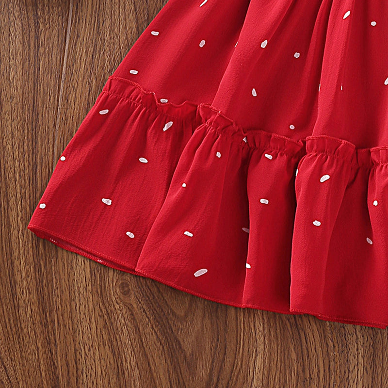 Girls Red Polka Dot Print Smocked Puff Sleeve Fit & Flare Dress Casual Dresses