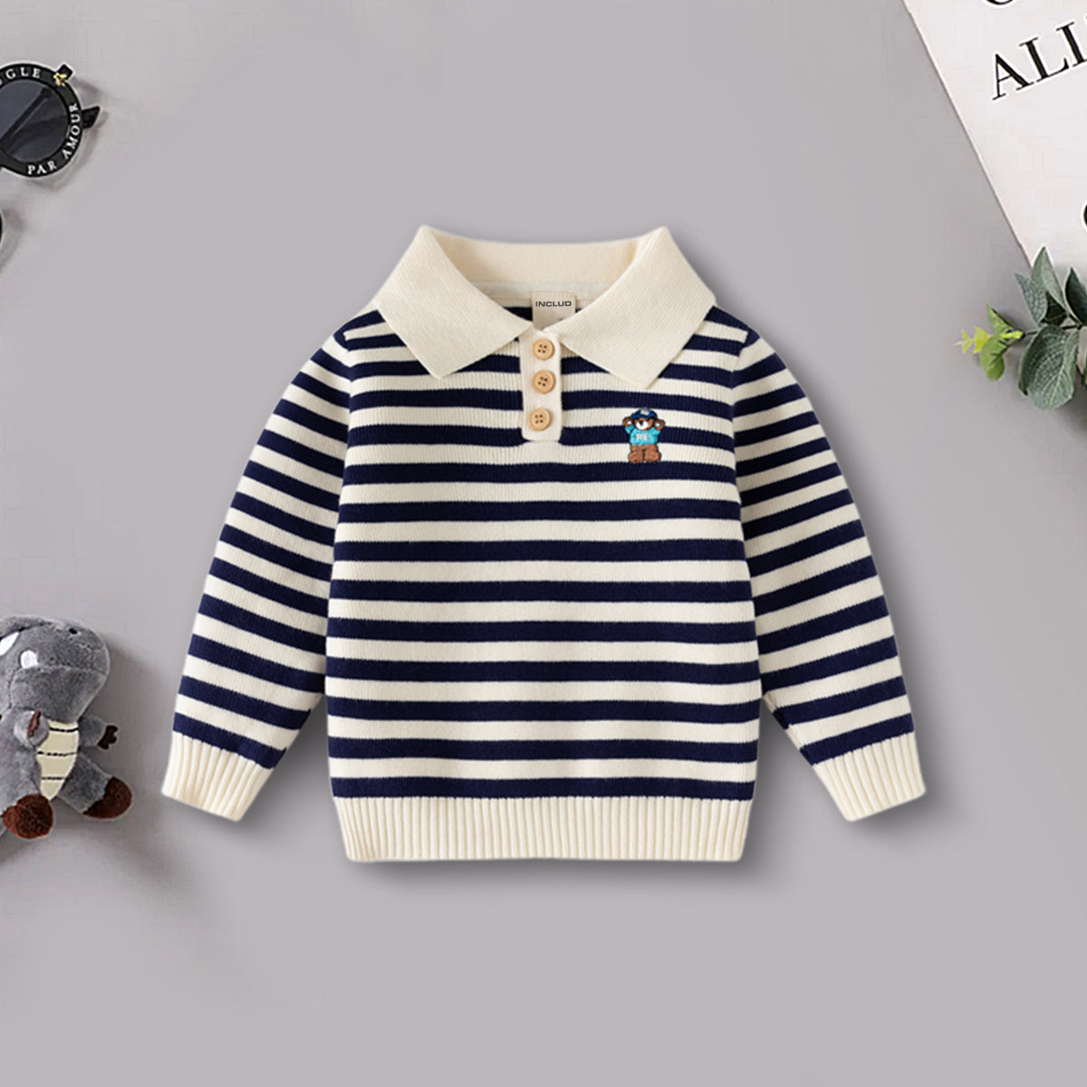 Boys Apricot Polo Sweater With Self-Design Stripe Patterns Sweaters & Cardigans Apricot 2-3 Y