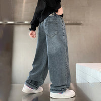 Boys Blue Relaxed Fit Wide Leg Denim Jeans with Elasticated Waist Pants
