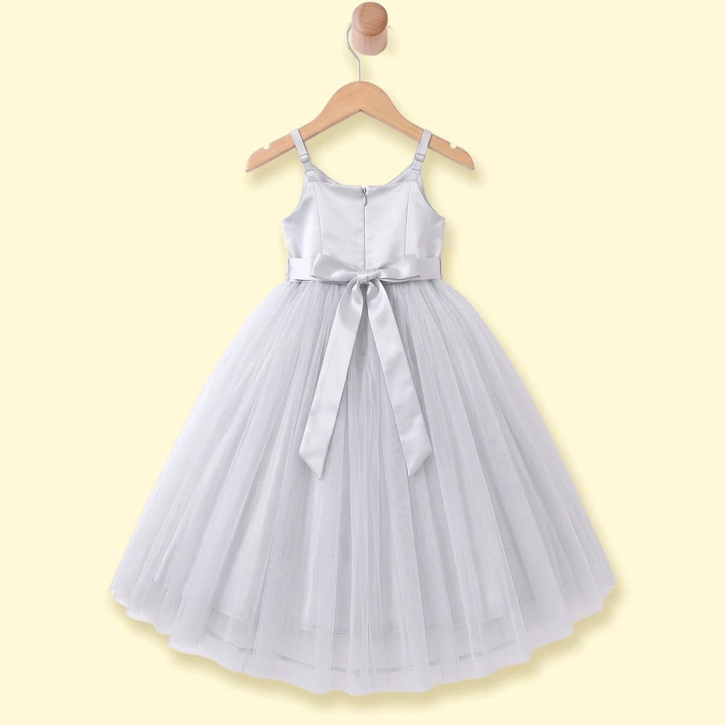 Girls Light Grey Floral Applique Sleeveless Fit & Flare Dress Party Dresses
