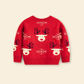 Boys Red Sweater With Self-Design Reindeer Face Patterns Sweaters & Cardigans
