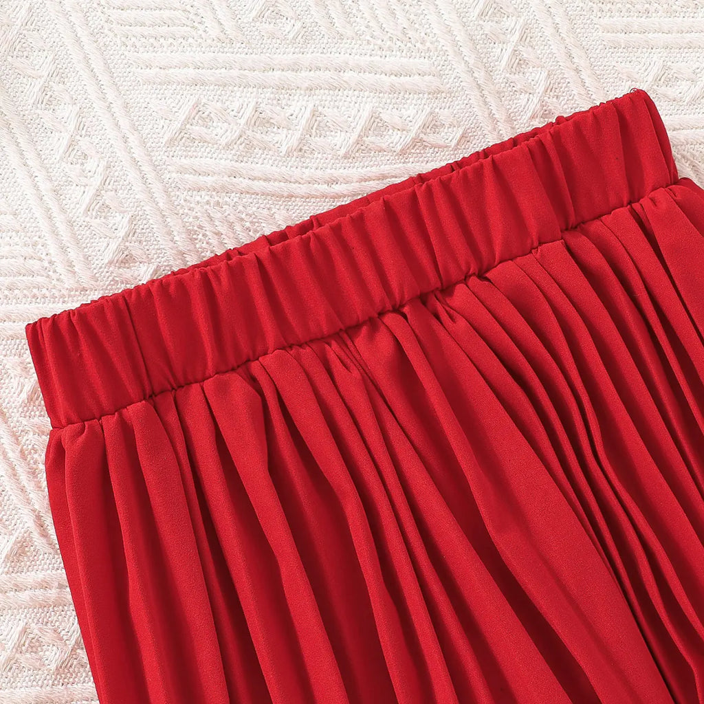 Girls Red Sleeveless Blazer Top With Pleated Flared Pant Co-ord Sets Sets