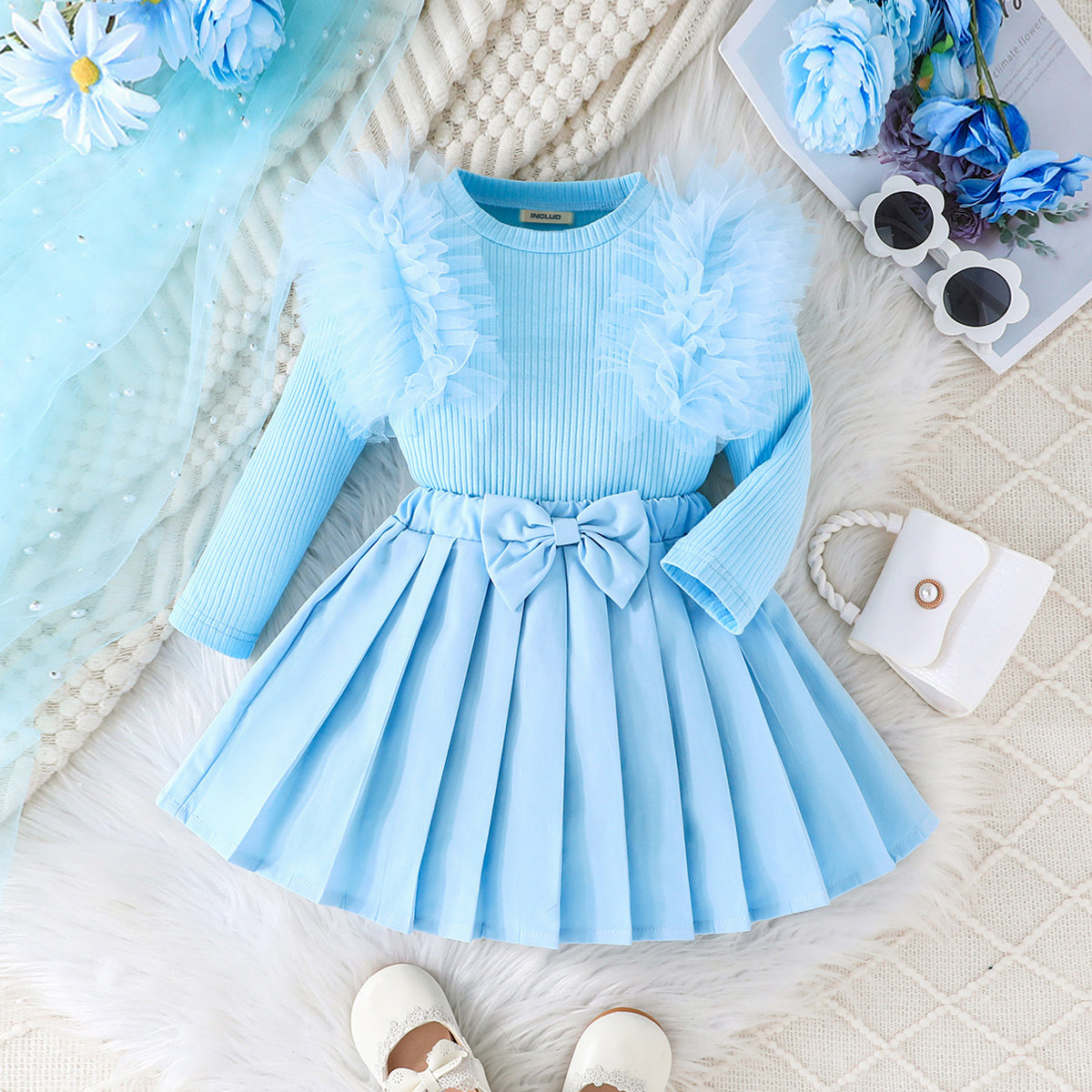Girls Light Blue Solid Top With Pleated Skirt Winter Set 2 pc. Sets