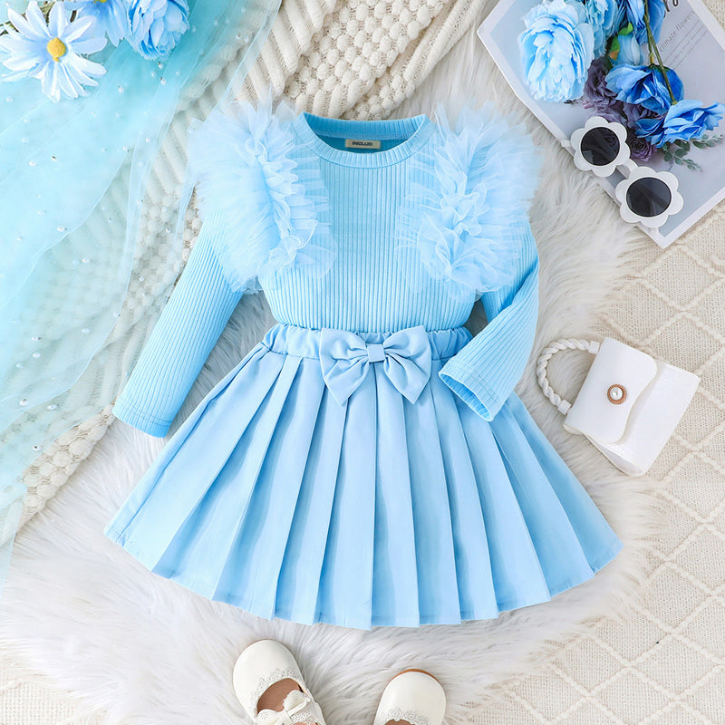 Girls Light Blue Solid Top With Pleated Skirt Winter Set 2 pc. Sets