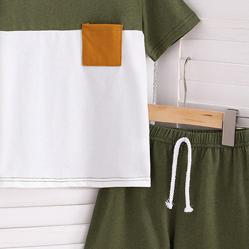 Boys Olive Short Sleeve Color-blocked T-Shirt With Elasticated Shorts Set 2 pc. Sets