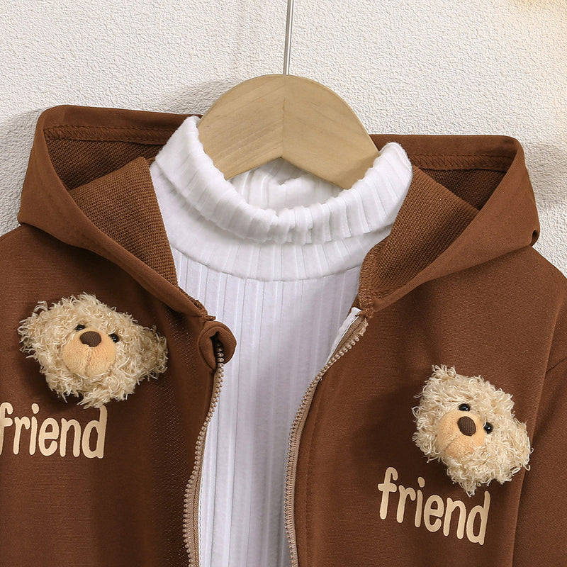 Girls Brown Friend Printed Front Zipper Hooded Winter Jacket Coats & Jackets