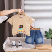 Boys Beige Bear Applique T-Shirt With Denim Shorts Sets 2 pc. Sets Beige 1-2 Y