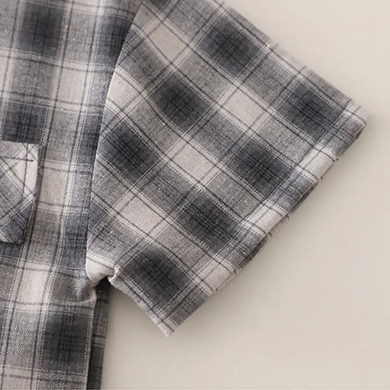 Boys Grey Checked Short Sleeve Shirt With Printed T-Shirt And Shorts Sets 3 pc. Sets