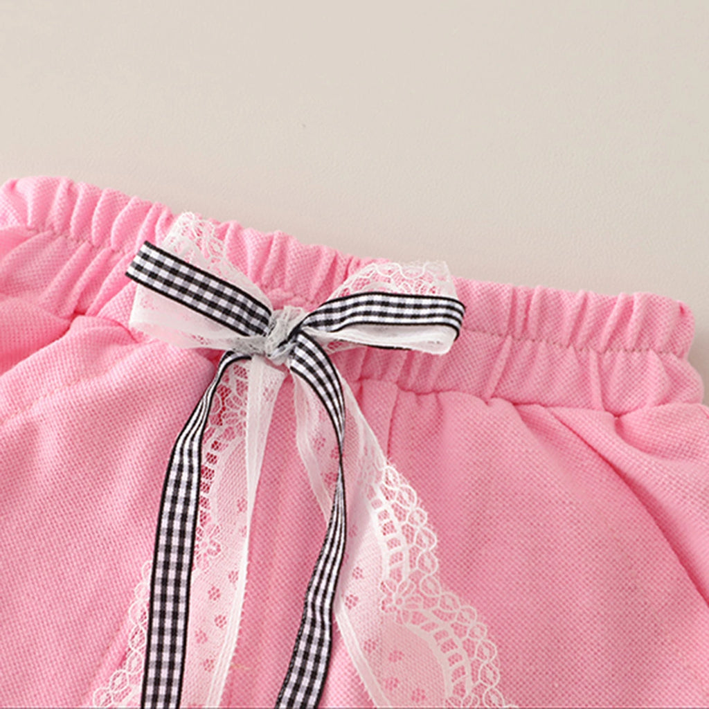 Girls Pink Flower Print Short Sleeves T-Shirt With Shorts Set Sets