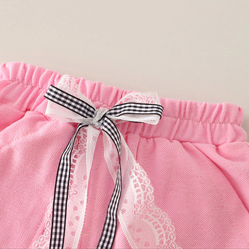 Girls Pink Flower Print Short Sleeves T-Shirt With Shorts Set Sets