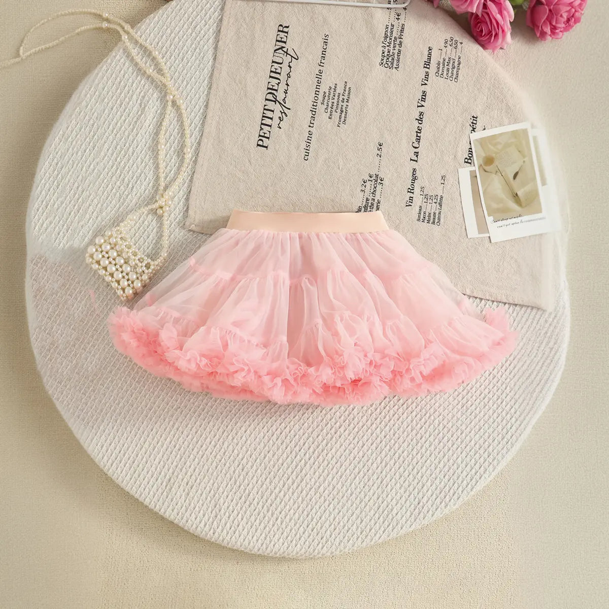 Girls Pink 3D Floral Ruffle Top With Tiered Tulle Tutu Skirt Sets Sets
